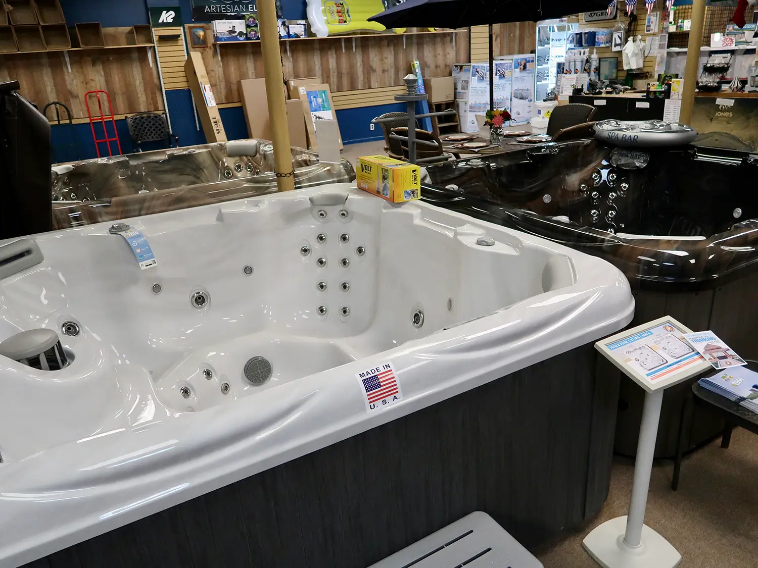 Hot tubs on display inside the Pelican East Brunswick showroom